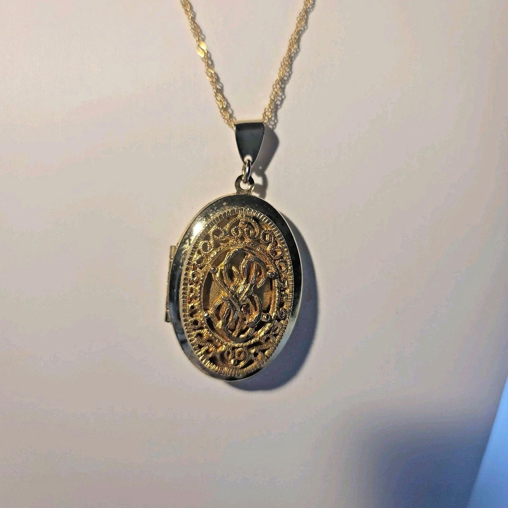 Gold Tone Oval Locket Necklace 21" Rope Chain Two Tone Scroll Pendant Jewelry